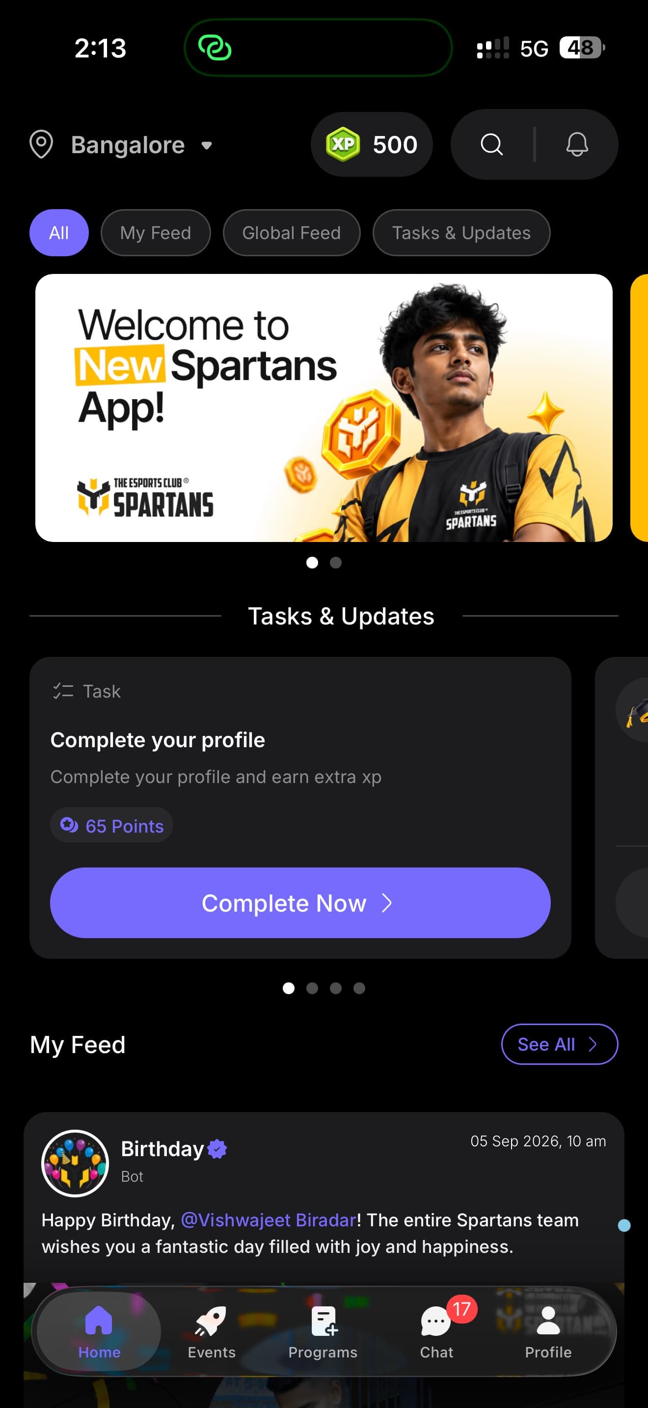 Spartans home feed, campaigns, tasks, and community navigation