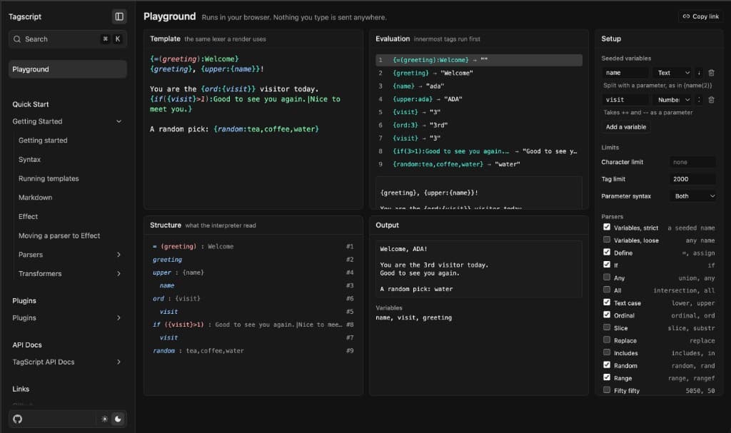 TagScript playground with template, evaluation, setup, and output panes