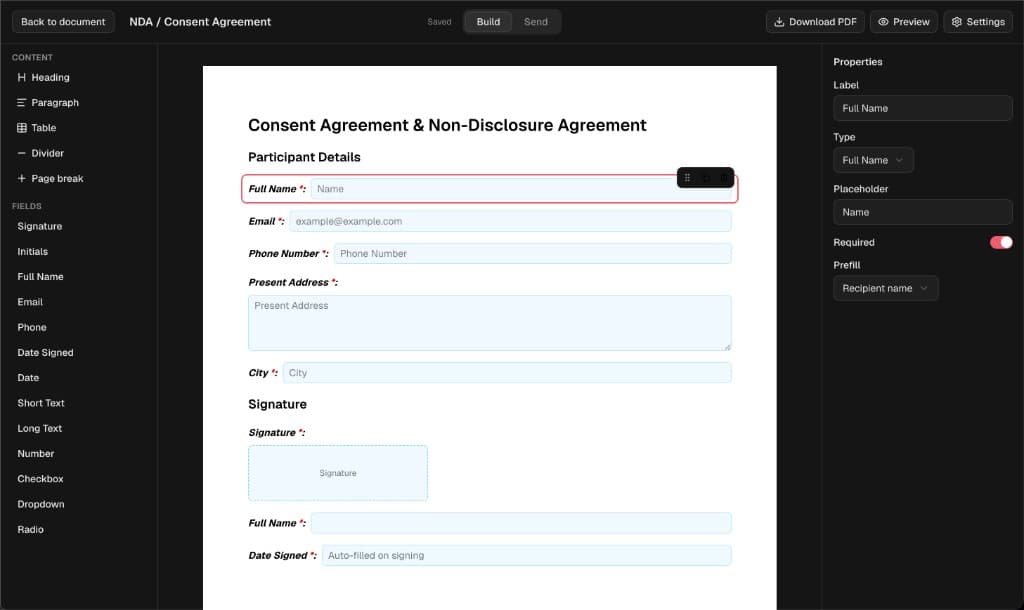 TEC Form builder editing a consent NDA with field properties and signature blocks
