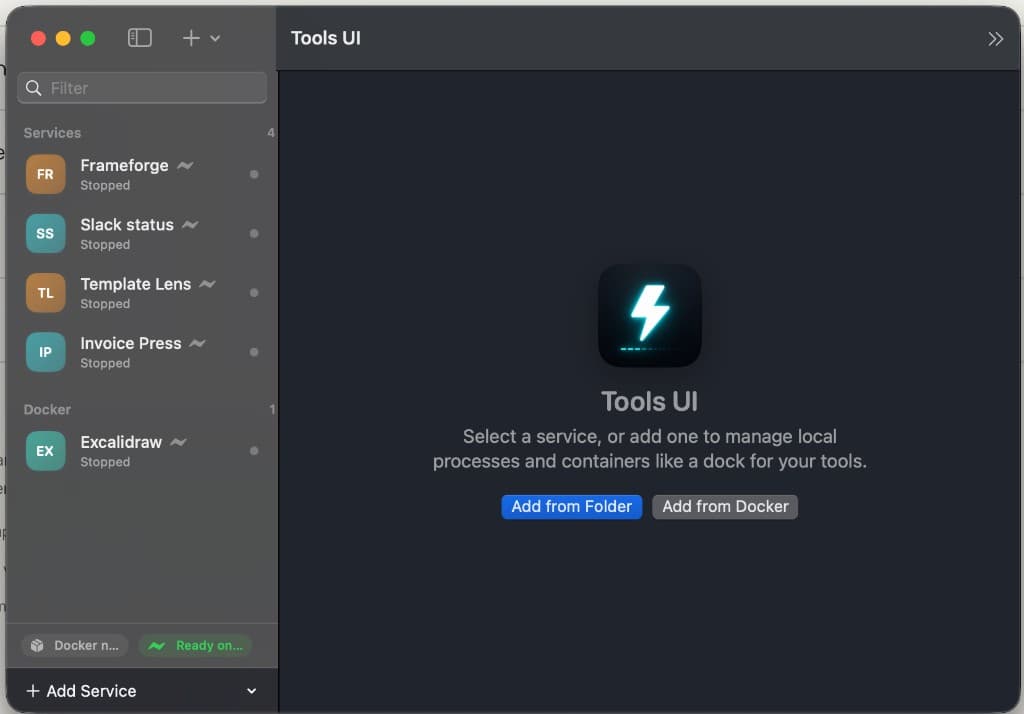 Tools UI empty state with local services and Docker in the sidebar