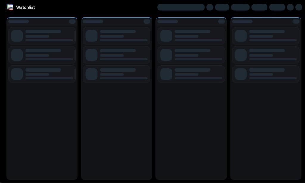 Watchlist board with Planned, Watching, Waiting, and Finished columns