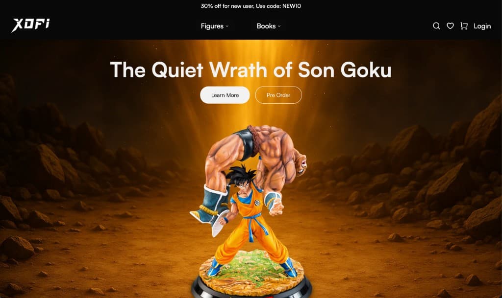 Xofi homepage with The Quiet Wrath of Son Goku figure hero
